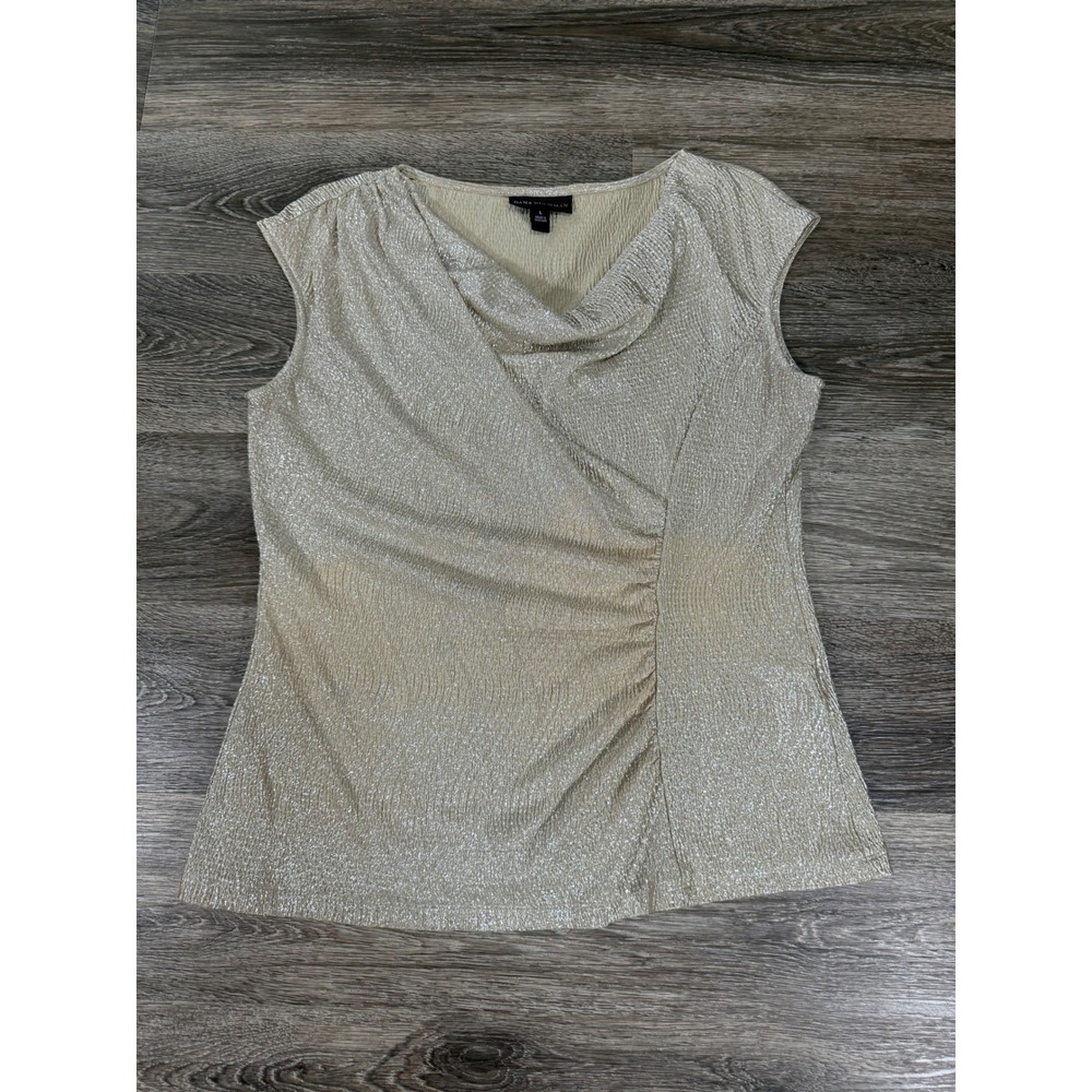 Dana Buchman Blouse Gold Metallic Cowl Neck Sleeveless Top Large Shimmer Mobwife